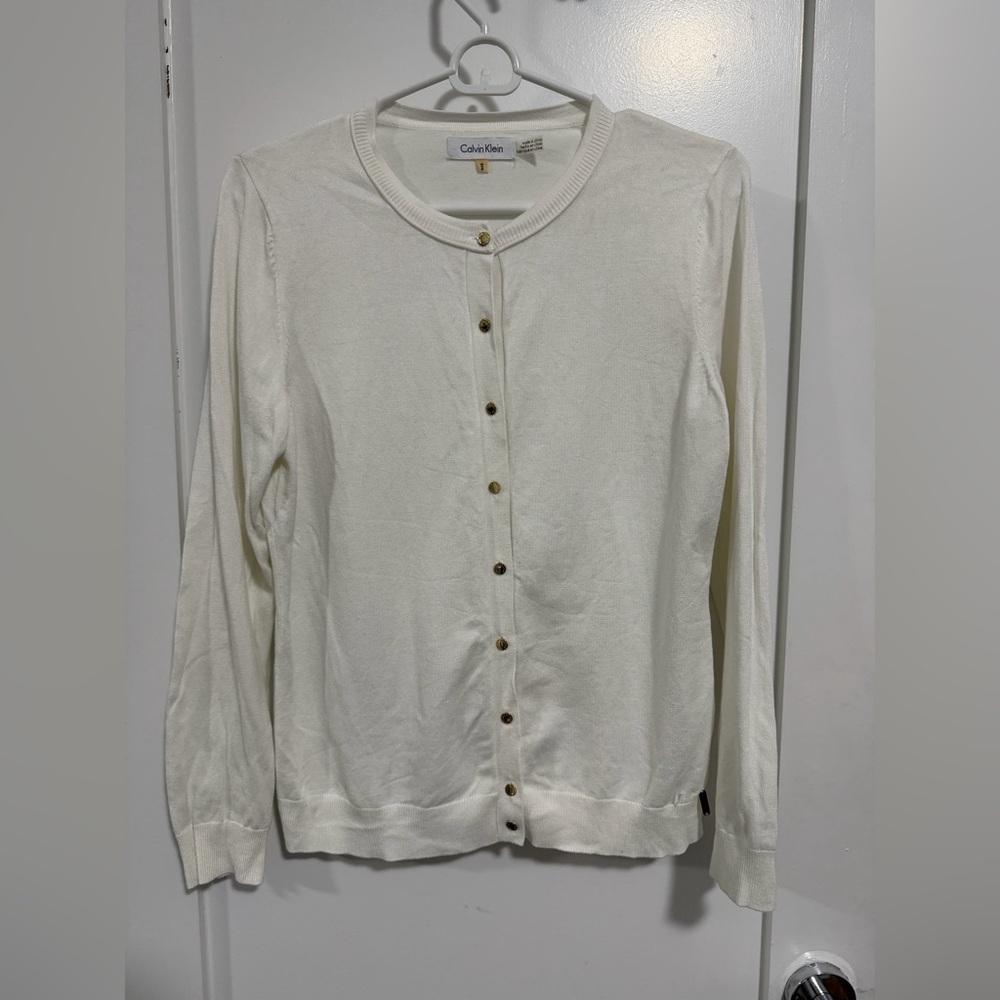 Calvin Klein White Crewneck Cardigan with Gold Buttons
